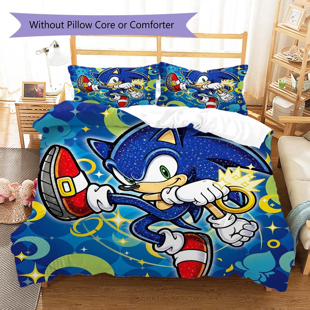 Hedgehog Sonic Pattern Bedding Quilt Set Quilt Cover Pillowcase Home Decoration Birthday Gift (1 * duvet cover + 2 * pillowcase, without core)