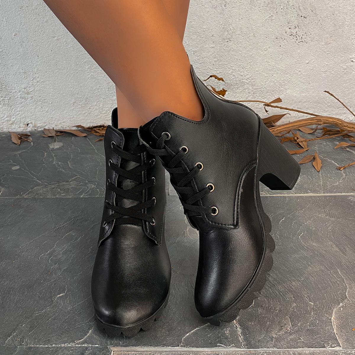 

Sexy Lace Up Heel Ankle Boots Women Autumn Fashion Black Round Toe Chelsea Boots Chunky Platform Women S Boots 35