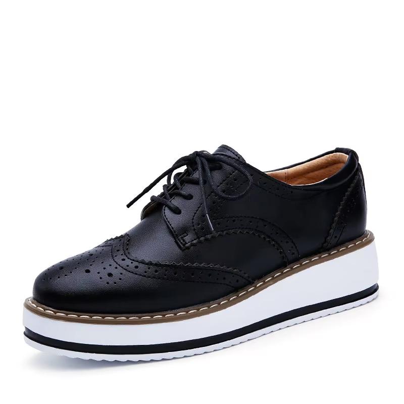 Women's Oxford Flats - Genuine Leather Wingtips Lace-Up Comfort Brogue Derby Patent Platform Casual Shoes for Spring Autumn