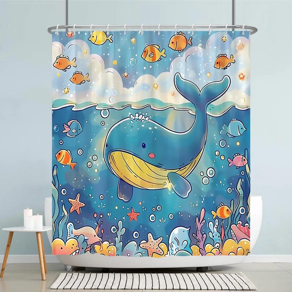 Lustige Meerestiere Kinder Duschvorhang Cartoon Aquarell Kunst Malerei Stil Polyester Stoff Duschvorhang Badezimmer Dekorati