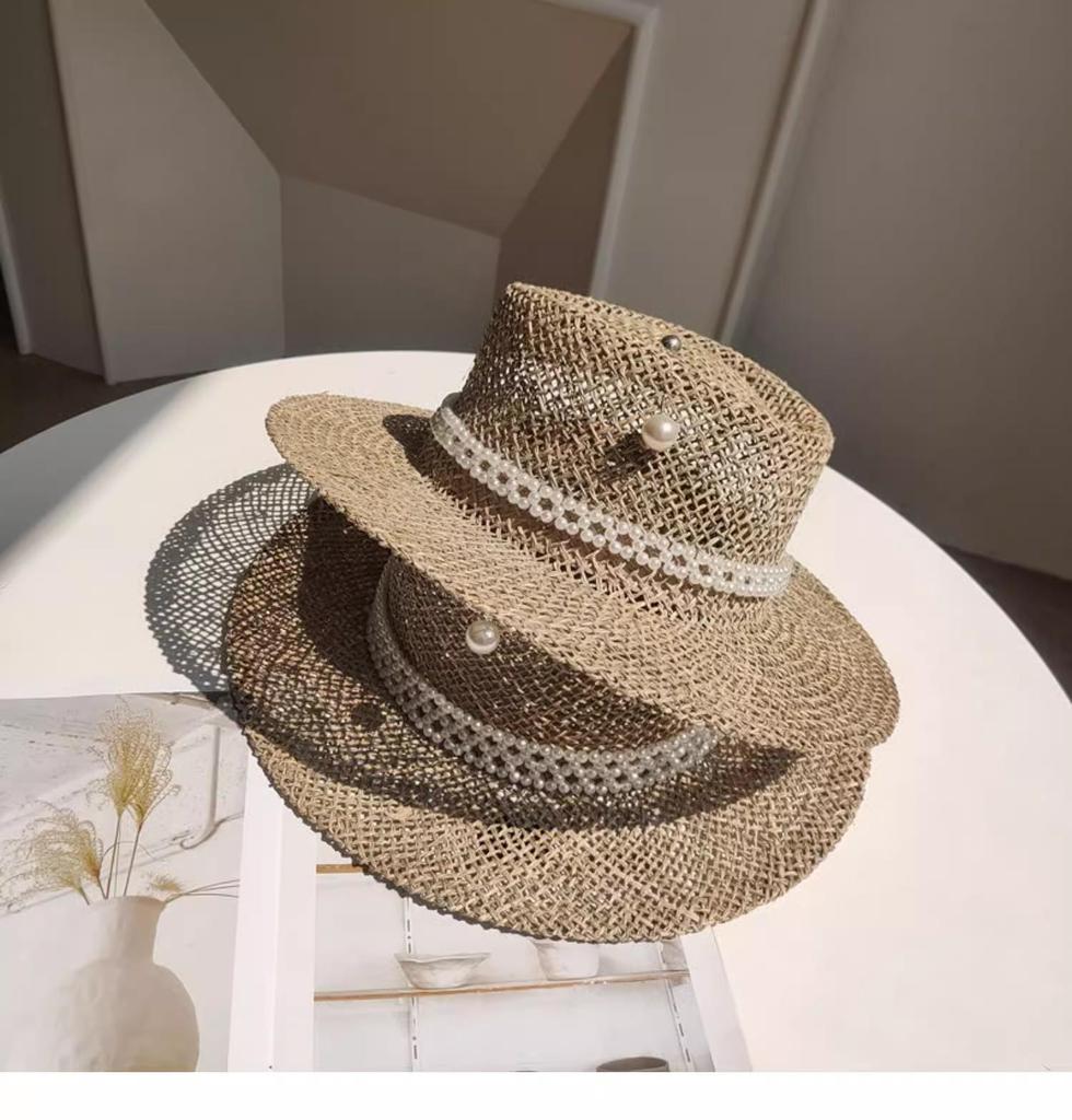 Yazlık hasır şapka inci iğneli kadın yazlık deniz kenarı güneşlik oyuk oluk düz tepe hasır şapka sombrero