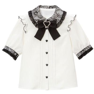 Lolita Rövid ujjú All Match Női Y2k ruhák Kawaii Vintage Lace Splicing Fodros masnis felsők Elegáns női ruházat Édes felső blúz ing
