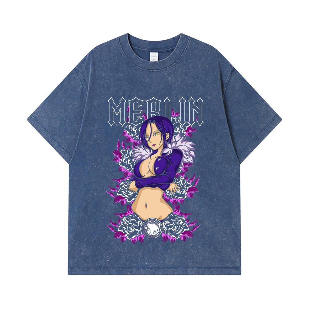 

275 GSM Washed T-shirts 100% Cotton Seven Deadly Sins V8 Merlin Print Unisex Heavy Cotton T Shirt 2XL королівський синій колір