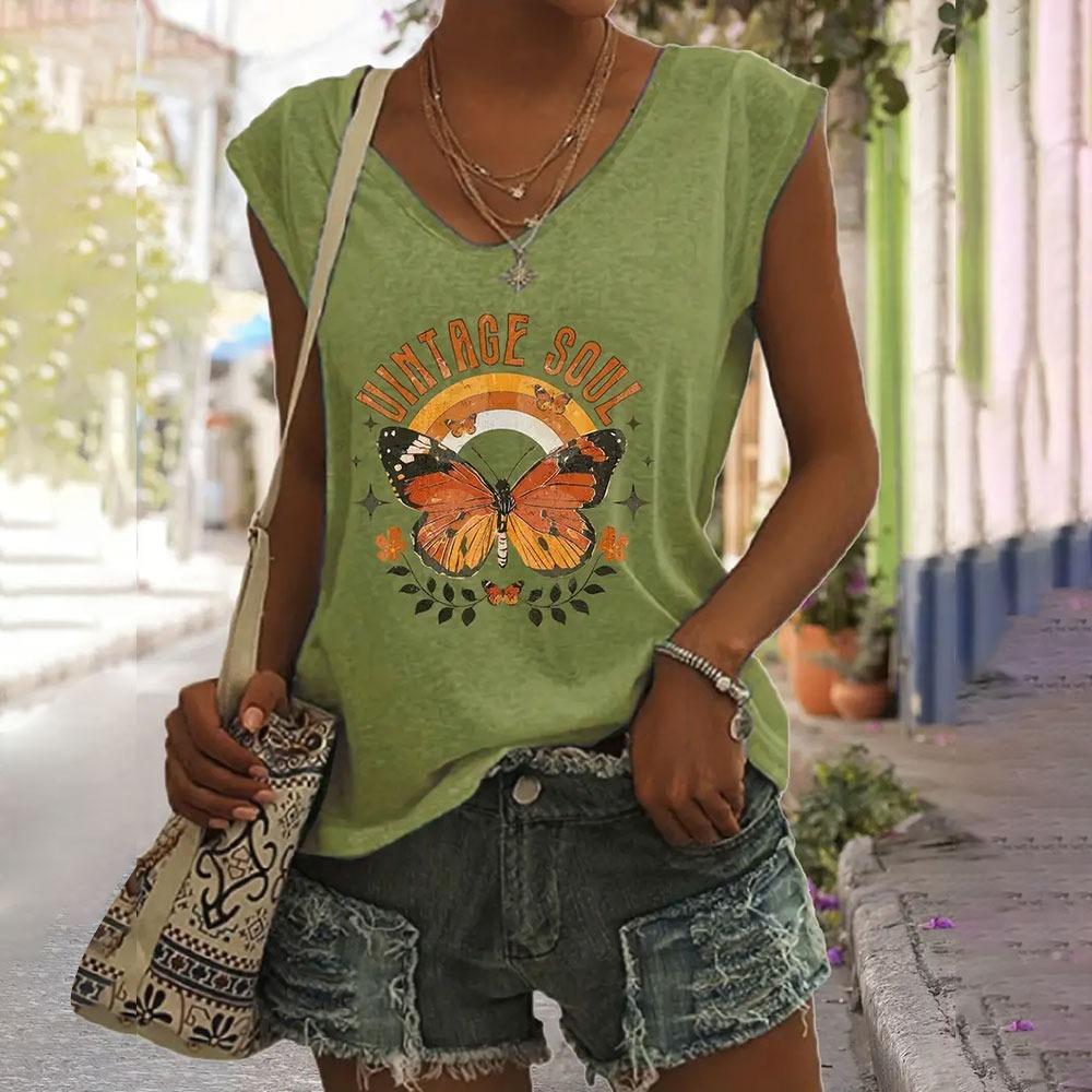 Women's V-Neck T-shirts Casual Fashionable White Sleeveless Vest 3d Sunflower Print Basic Tops Simple Style Summer Tees Shirts