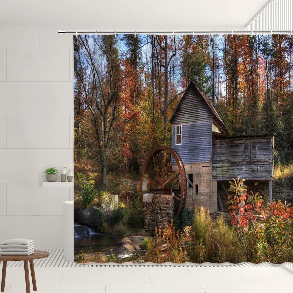 Farm Scenery Shower Curtain Old Retro Farmhouse Green Bamboo Forest Tree Autumn View Garden Decor Wall Covering Bathroom Screens