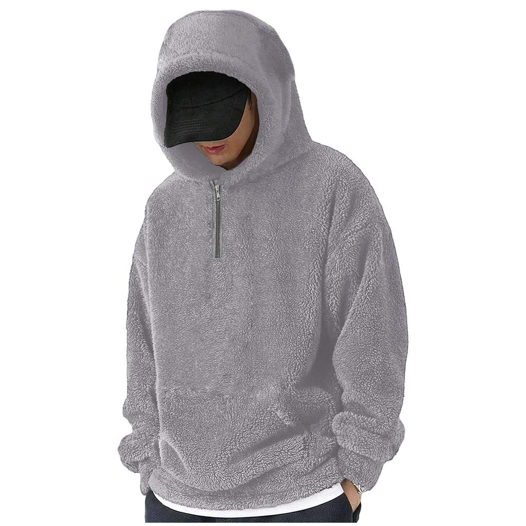 Men's Casual Half-zipper Long-sleeved Solid-color Sporty Hooded Coral Fleece Sweatshirt