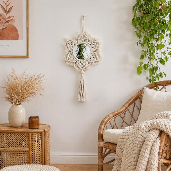 Hand Knitted Hanging Wall Mirror, Boho Fringe Round Mirror, Handmade Flower Shape Decorative Mirror for Farmhouse Apartment Living Room Bedroom Home