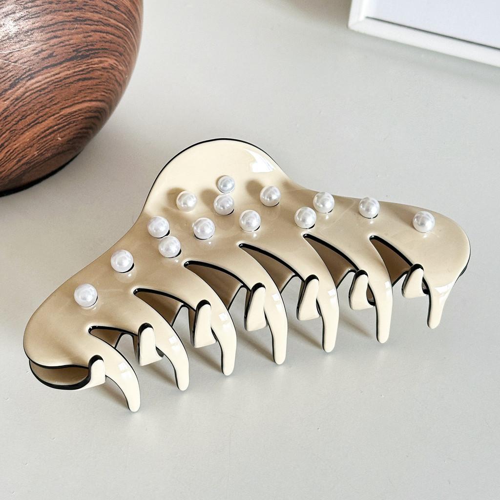 Fashionable Large Acetate Hair Claw With Pearl Accents Versatile For Any Occasion