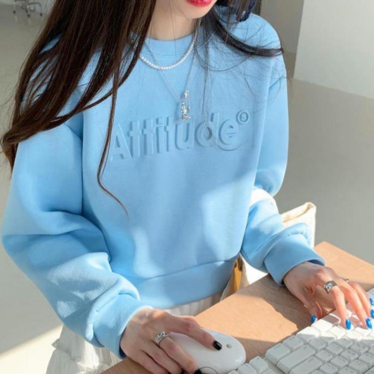 High Waist Women Sweatshirt Short Long Sleeve Solid Color Top