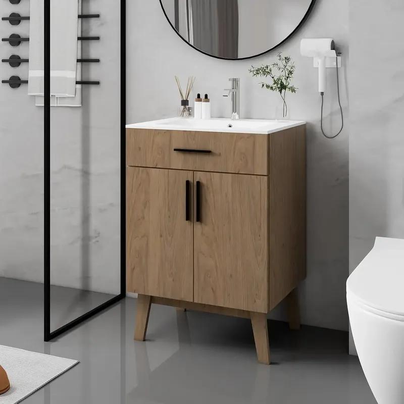 Gabinete de Banheiro de 24" com Cuba, Conjunto de Gabinete com Duas Portas de Armário com Fechamento Suave, Conjunto Moderno de Gabinete Único para Banheiro, Personalizado