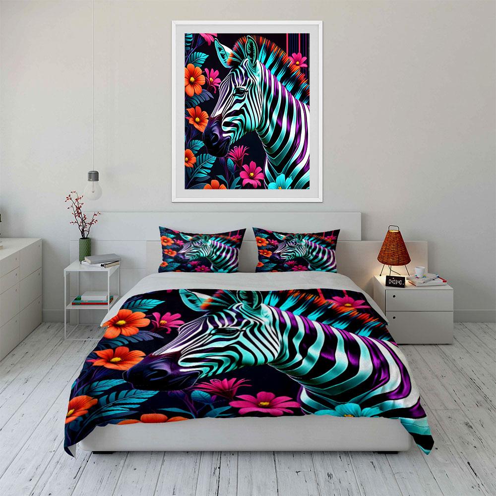 Colorful Zebra Floral Decor Soft Comfortable Duvet Cover Bedding Set Included 1*Duvet Cover & 2*Pillowcases, Gift