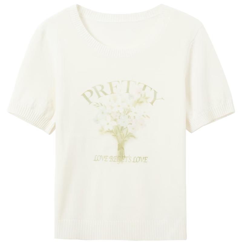 Sancai Lyocell Blend Letter Print Short Sleeve Knit Top L