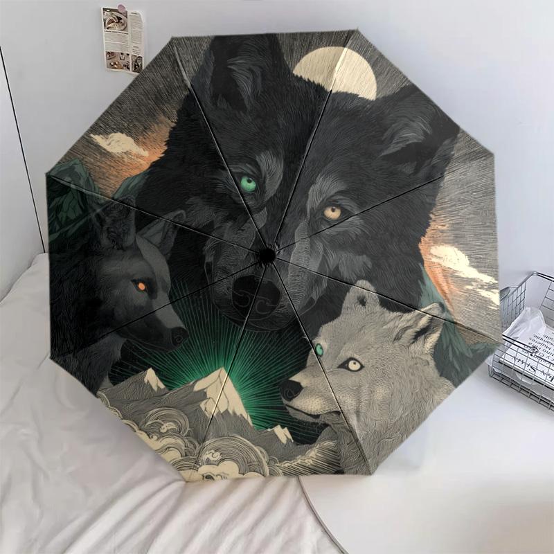 Wolf  Pattern, Automatic Folding Umbrella, Portable and Foldable Design, 8 Ribs, a Christmas or Birthday Gift.