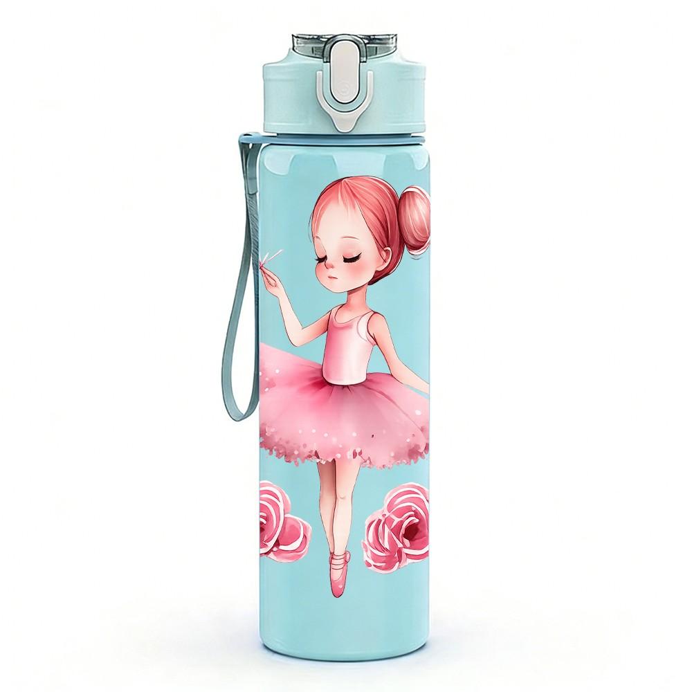 1PC Soft Pink Ballerina Girl Print 750ml Color Plastic Sports Water Bottle Leakproof Flip Straw Lid Suitable for Sports Office Home Use