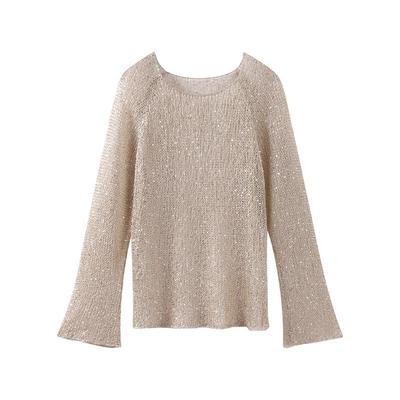 Pulover cu paiete pentru femei Top din tricot scobit Pulover cu mânecă lungă cu gâtul O, dulce, sexy, cu sclipici, cămăși pentru femeie primăvară vară