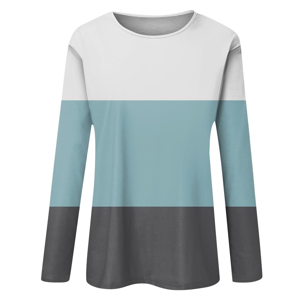 Women's Fashion Casual Long Sleeve Round Neck Jump Color Pullover Top Blouse