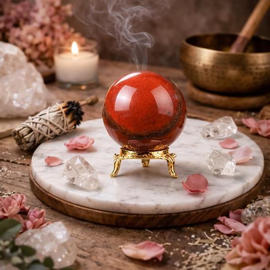 Crocon 55mm Kırmızı Jasper Taşı küre Metal Standlı 1400+ Karat Değerli Taş Şifa Küresi Heykelcik Fengshui Kehaneti için