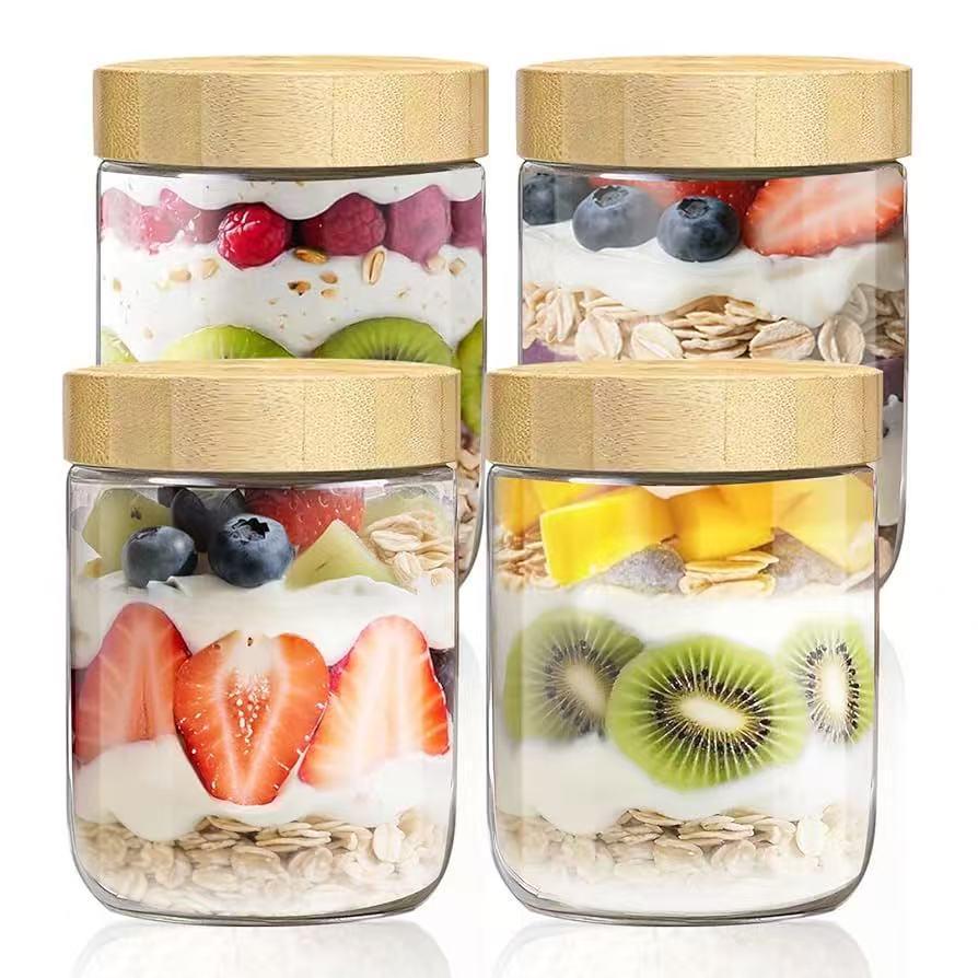 Large Glass Storage Jar with Bamboo Lid, Cereal & Yogurt Container, Sealed Oatmeal Cup