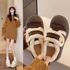 Lederversion Plateau braune Baumwollschuhe Damen Winter Plateau Plüsch hässlich süß Klettverschluss flauschige Schuhe warme Schneestiefel