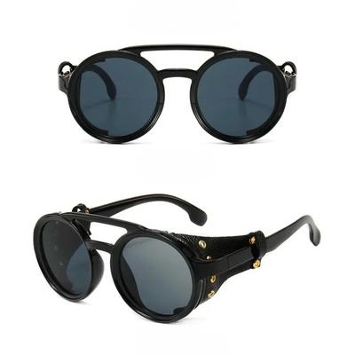 Steampunk Schilde Sonnenbrille Herren Damen Klassische Sonnenbrille mit Seitenleder Runde Brille Punk UV400 Linse