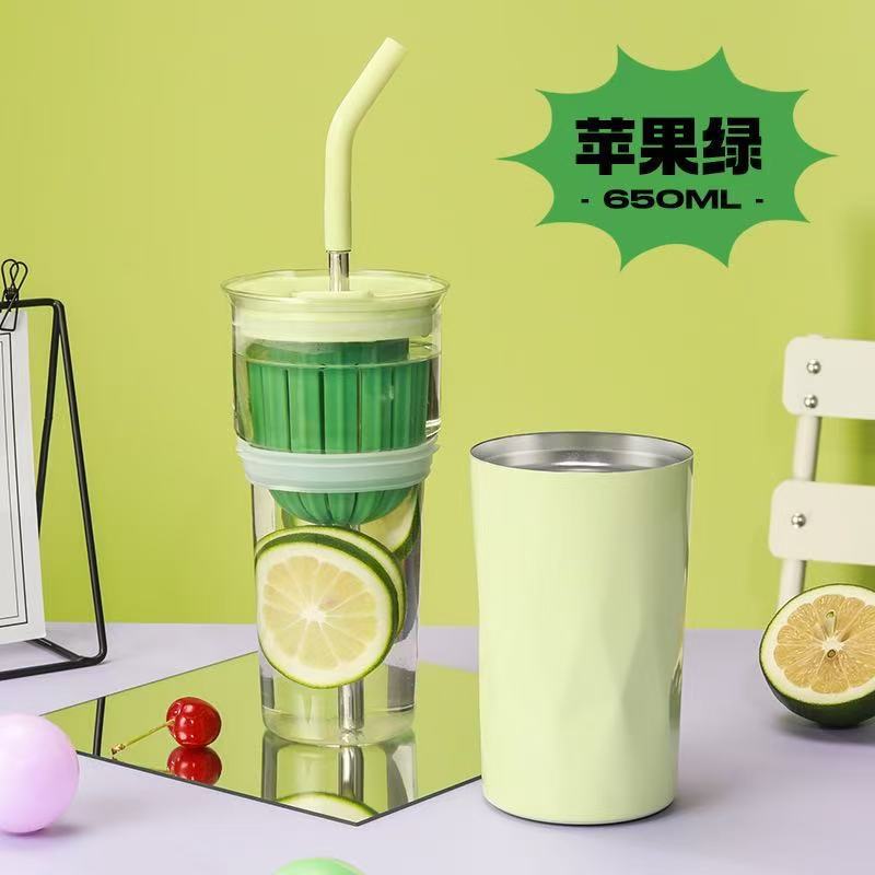 High Value Double-layer Youka Cup Stainless Steel Double-layer Thermos Cup Large Capacity Dual-purpose High Borosilicate Straw Cup