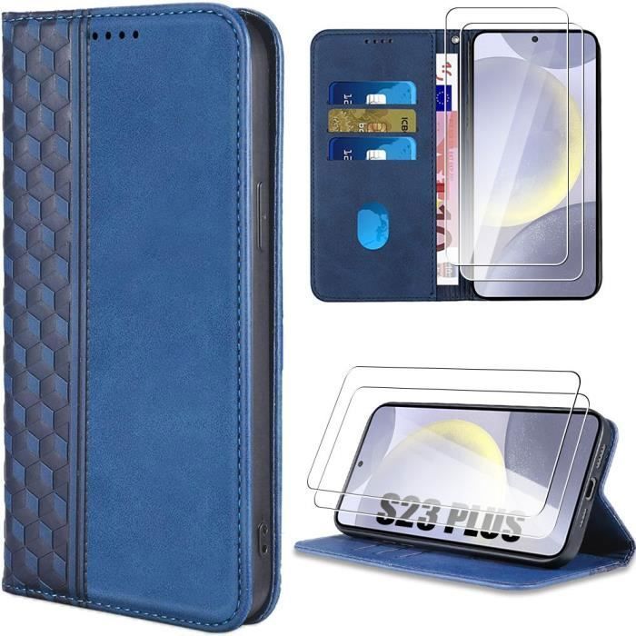 Coque de protection - samsung - galaxy s24 plus - bleu marine - motif treillis - portefeuille intégré