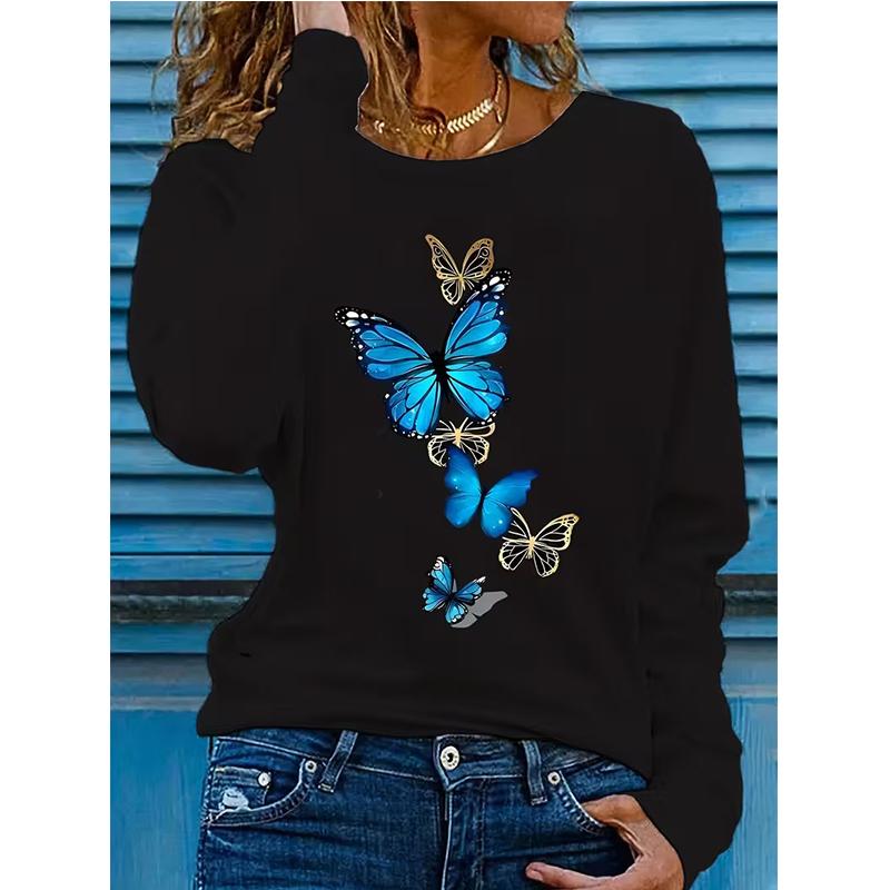 Women's Elegant Butterfly Print Tshirt Long Sleeve Crew Neck T Shirt Clothing Casual Graphic T-Shirt All Seasons Gothic Tee Tops