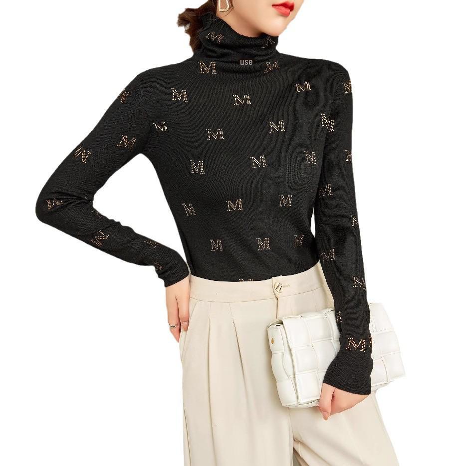 Women's 2024 Autumn/Winter High-Collar Slim-Fit Wool & Silk Sweater with Diamond Pattern