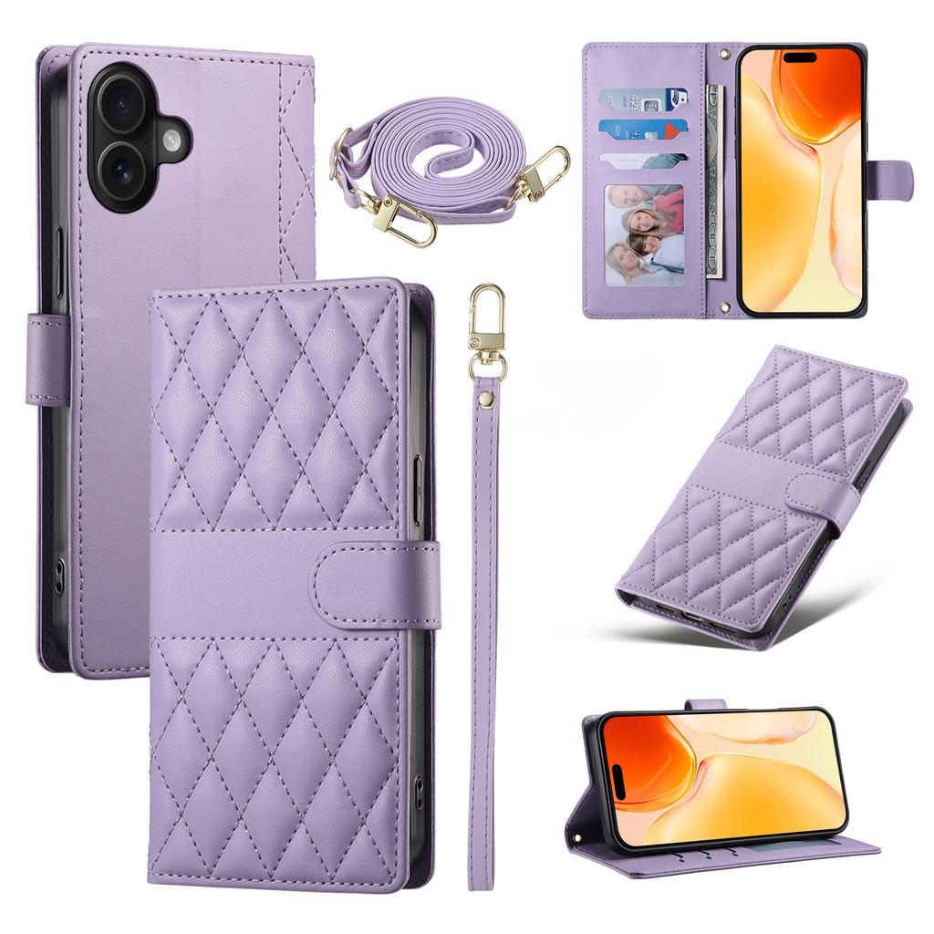 For iPhone 17 Case Rhombus Stitching Wallet Stand Leather Phone Cover with Long/Short Strap