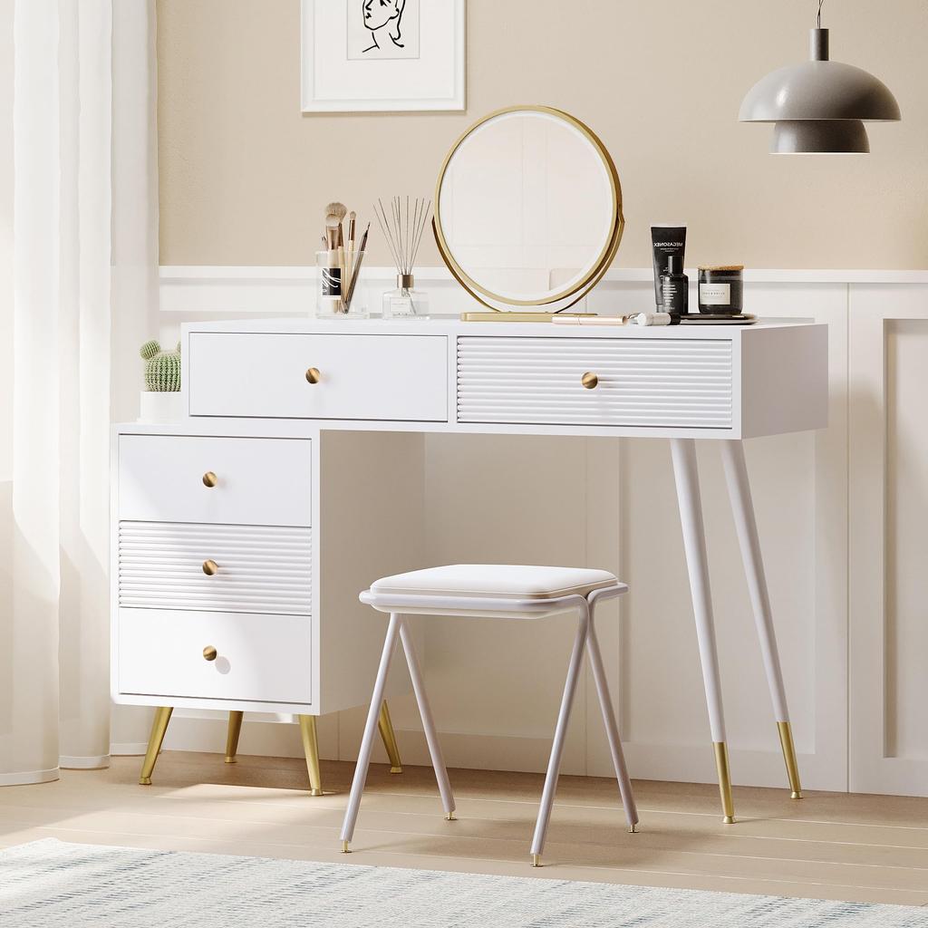 Schminktisch LED-Beleuchtung, Moderner Frisiertisch Spiegel, verstellbarer Seitenschrank, ausziehbares Design, B100/H78/T40 cm (ohne Hocker)