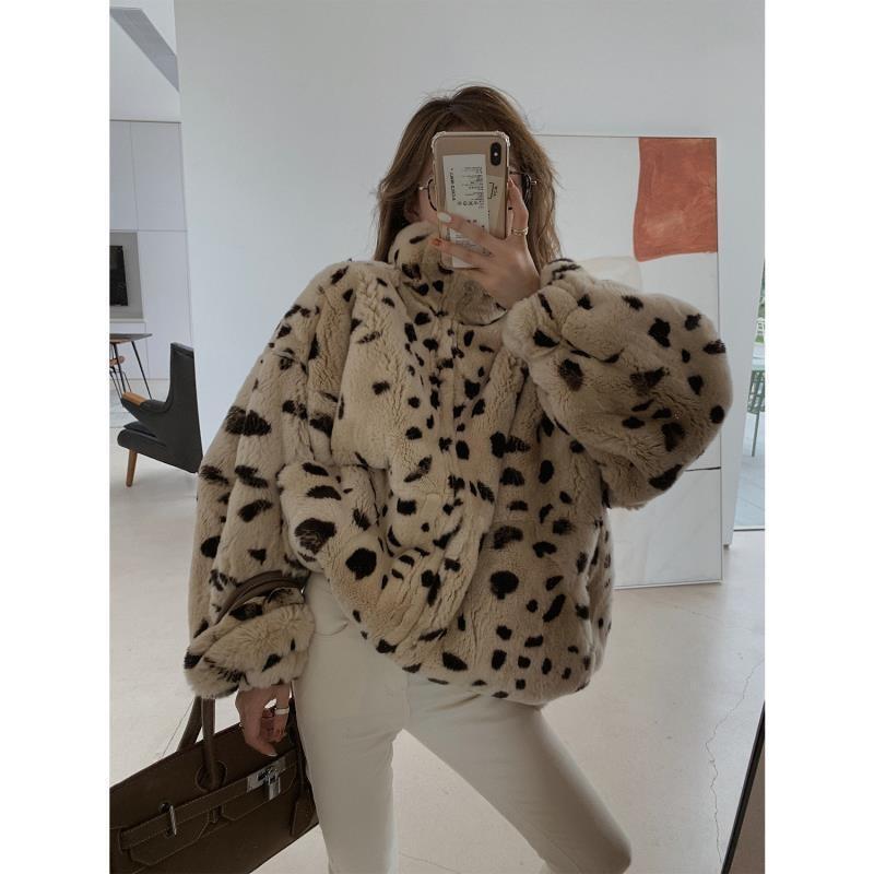 Imitation Rex Rabbit Leopard Print Imitation Fur Jacket Women's Lapel Plush Short Winter Thickened Gentle Wind Lamb Fleece Top