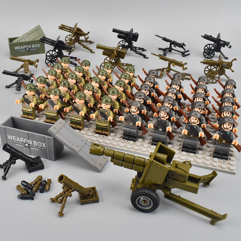 40pcs WW2 Military Figures Building Blocks Army Soldier Battlefield Machine Gun Weapons Bricks Kids Toy
