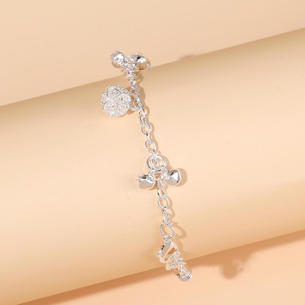 Ethnic Style Silver Imitation Bracelet & Anklet Set - Hollow Ball & Bell Design for Ladies