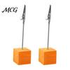Metal Pole Memo Stand 2 Pcs Wooden Cube Base Holder with Clips, Mini Table Smooth Open Close Clip Number Stands for Name Cards, Photos, Memos,