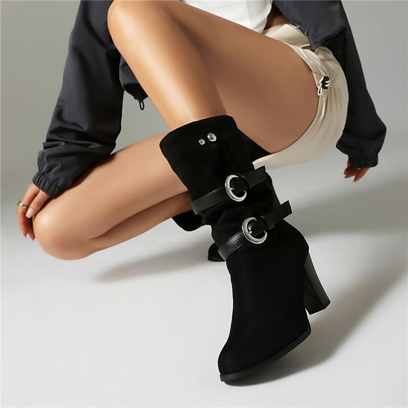 FOREADA Women Ankle Boots Round Toe Chunky High Heels Buckle Pleated Short Boots Ladies Fashion Shoes Winter Black 46