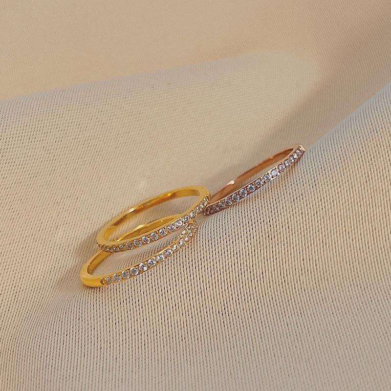 Elegant Thin Diamond-Set Titanium Steel Ring for Women - Trendy Luxury Design, Perfect for Index or Knuckle Wear