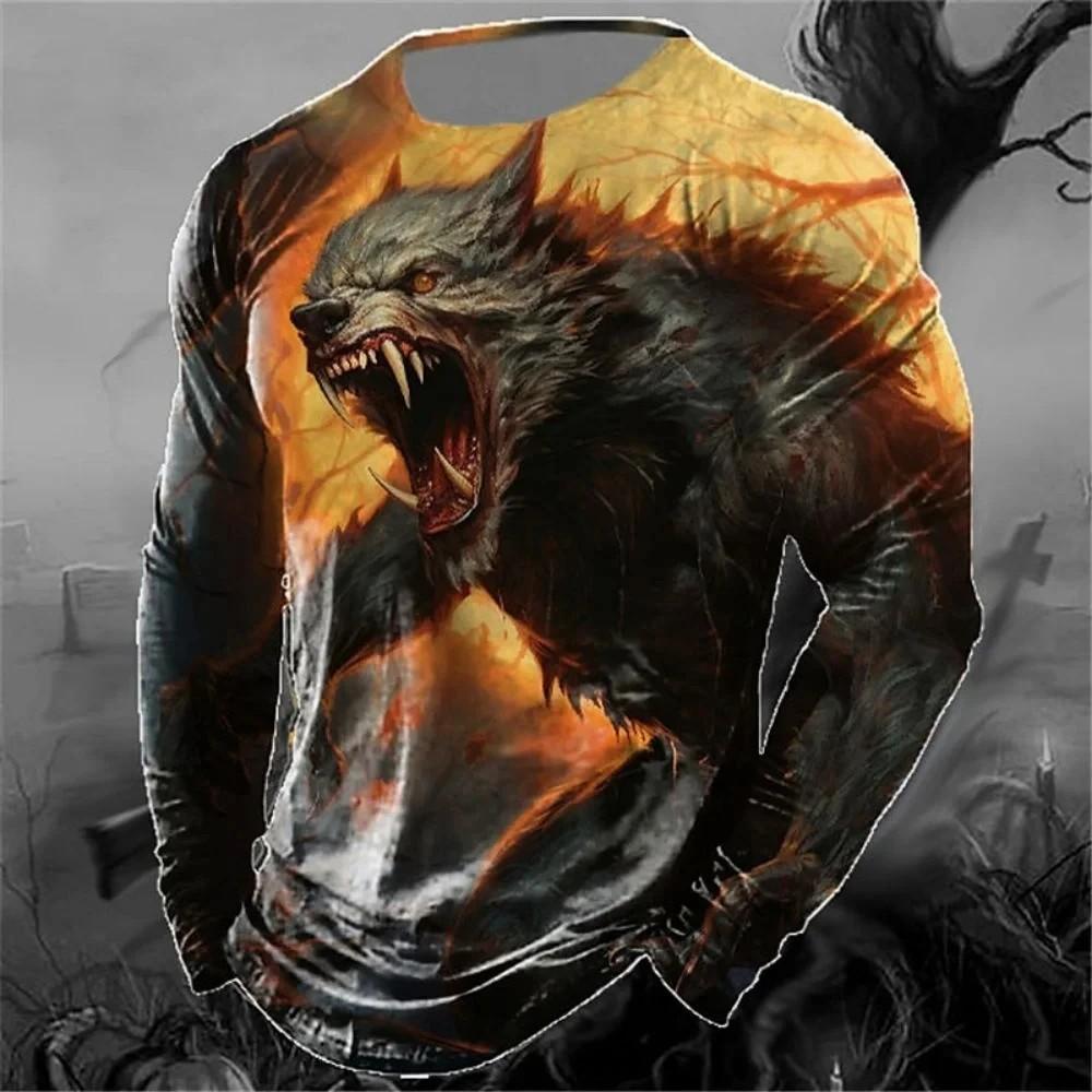Men's Spring And Autumn Personality Retro Animal Wolf 3d Printed Round Neck Long Sleeve T-Shirt Casual Loose Breathable Jumper