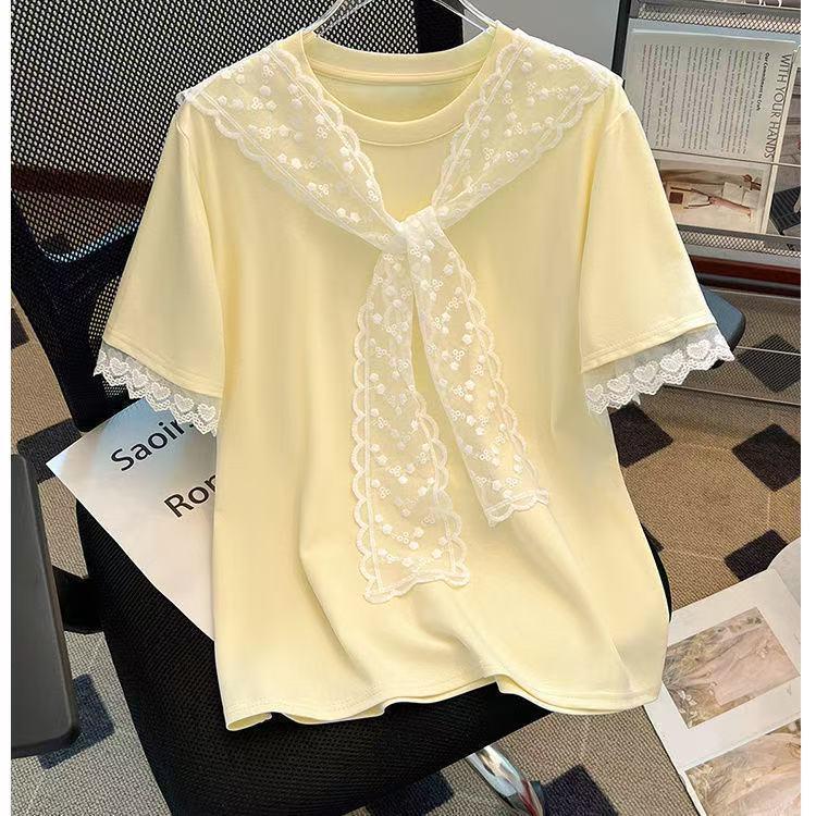 Women's Plus Size Doll Collar Lace-Up Short Sleeve T-shirt - 2025 Summer Slimming Fashion Top