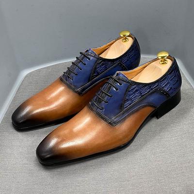 Moda Sapatos Formais Masculinos Couro Genuíno Sapatos Oxford Marrom Azul Cor Mista para Homens Sapatos de Vestido de Casamento Cadarço Sapato Formal de Luxo