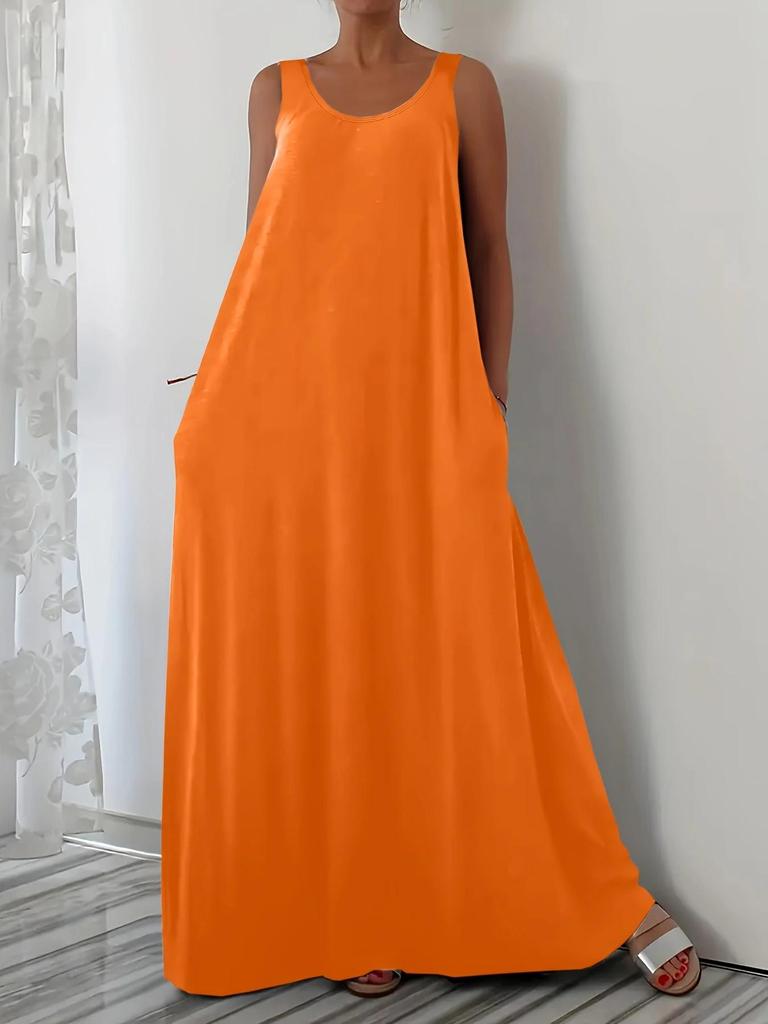 Plus Size Summer Solid Color Dress with Side Pockets (European and American Style)