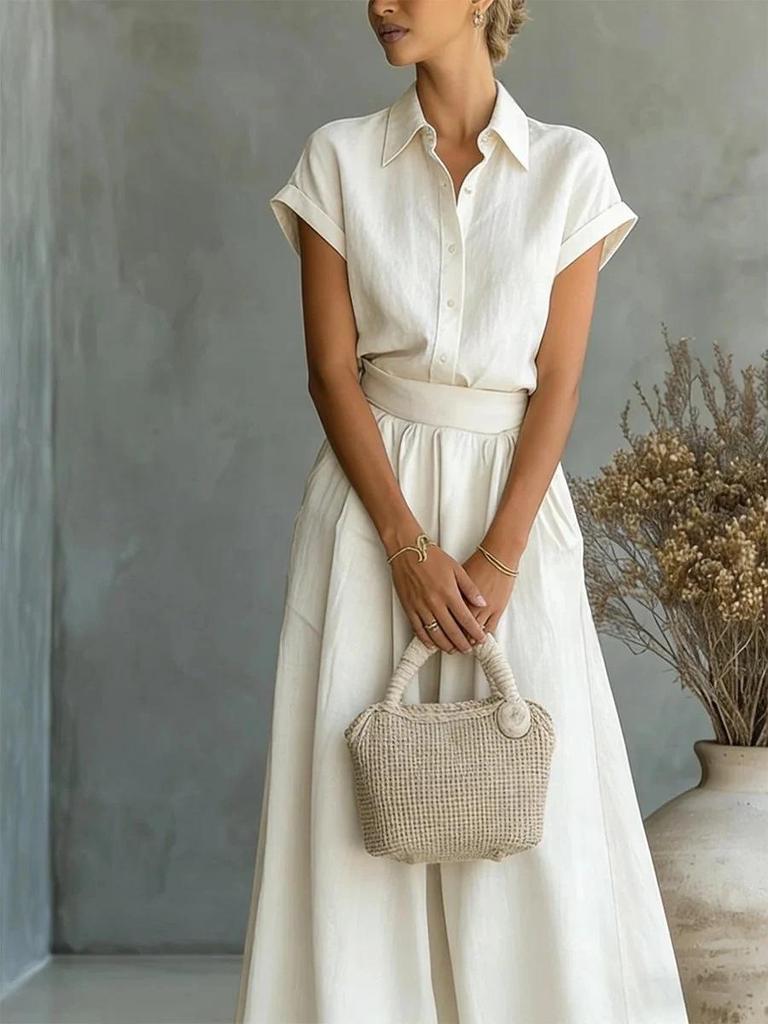 2026 Spring/Summer Casual Solid Color Shirt and Wide-Leg Pants Two-Piece Set