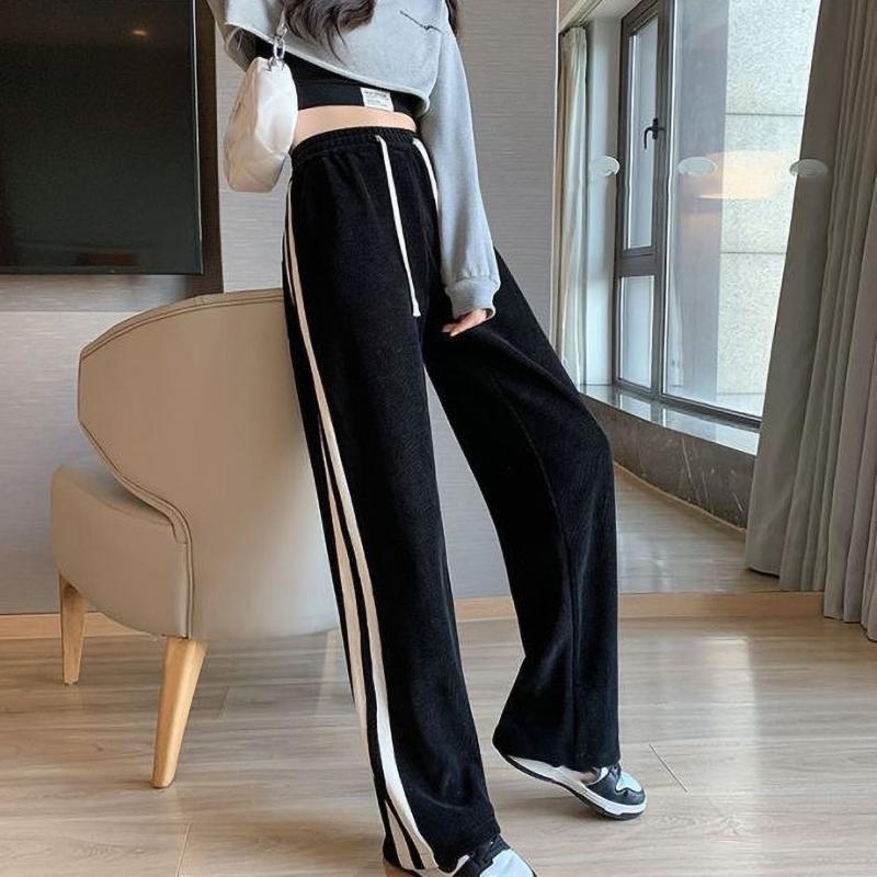 Dámské podzimní zimní volné ležérní kalhoty s vysokým pasem a širokými nohavicemi, podšité fleecem, rovného střihu, dlouhé