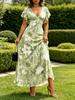 Bohemian Sage Green White Botanical V-Neck Maxi Dress for Women, Ruffle Short Sleeve High Waist Flowy Party Dress