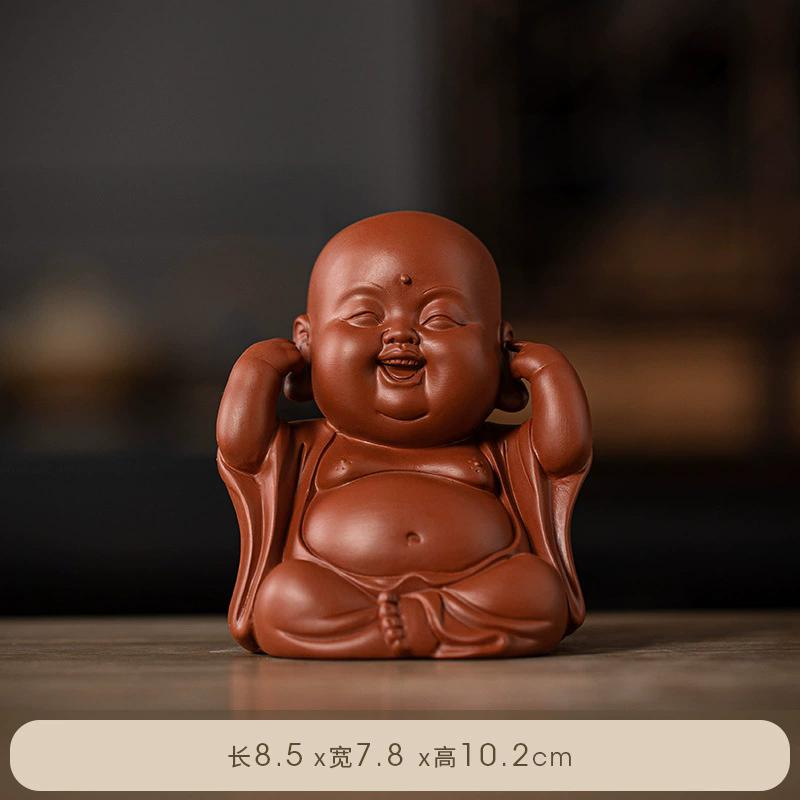 Ceramic Laughing Buddha Statue for Wealth, Three No Evil Maitreya Figurine, Zen Desk Decor for Home Office Entryway Tea Table