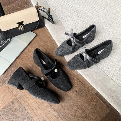 Schleife grau Einzelne Schuhe Damen Winter Haarschuhe Mode Oberbekleidung sanfter Feenstil dicke Absatzhöhe Mary Jane Schuhe