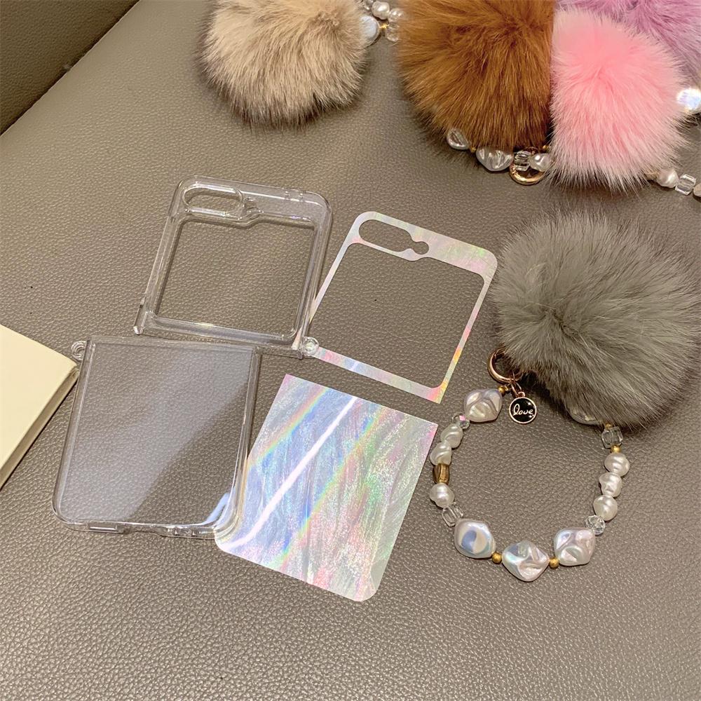 Aurora Gradient Hairball Bracelet Case for Samsung Galaxy Z Flip 6 5 4 3 flip6 Furry Wrist Chain Laser Colorful Shockproof Cover