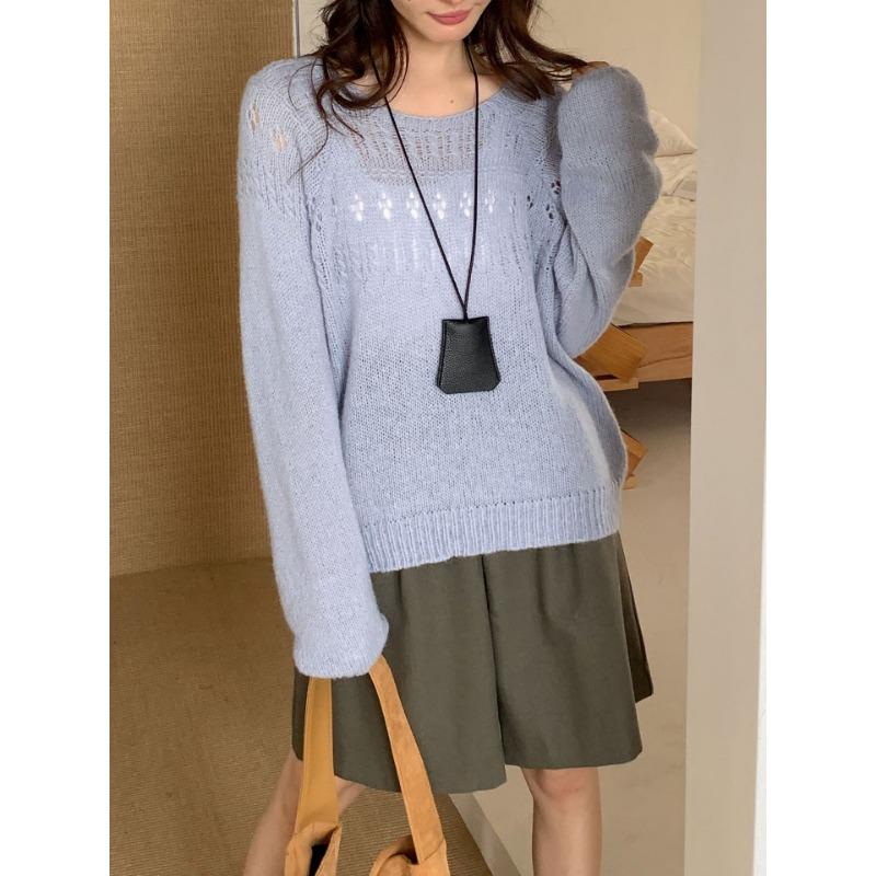 

Early autumn new thin hollow soft waxy knitted sweater top round neck gentle wind sweet sweater pullover girl one size fits all синий