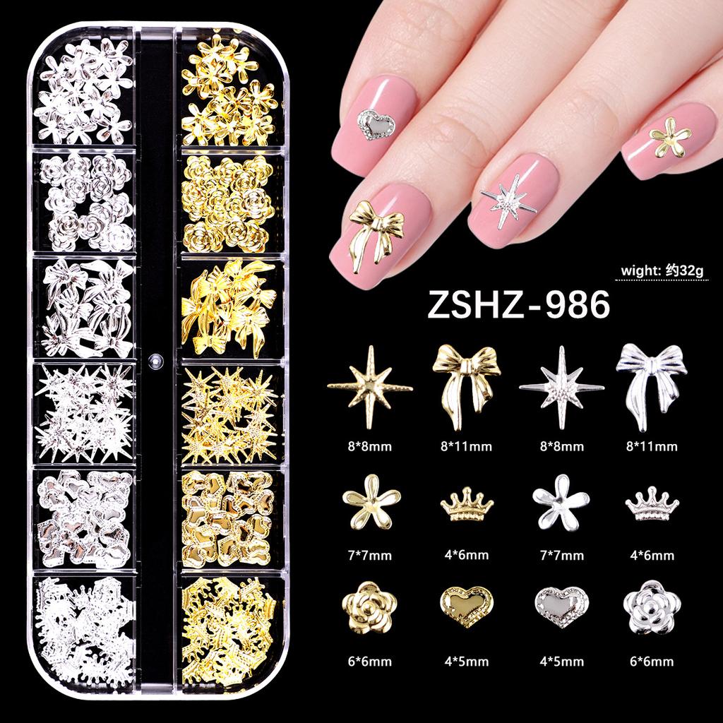 Japanese Bow Strip Box, Gold And Silver Nail Art Rivets, Half A Piece, Round Beads, Small Rice Grains, Butterfly Metal Nail Patch.