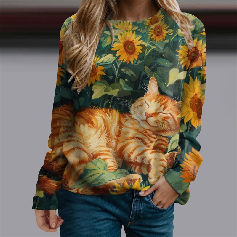 Fashion Art Pattern 3D Printing Women s Casual Printed Cat Cartoon Flower Long Sleeve XS