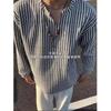Men's Casual Streetwear Loose Fit Long Sleeve Top V-neck Half Button Placket Waffle Knit Striped Texture Black & Grey